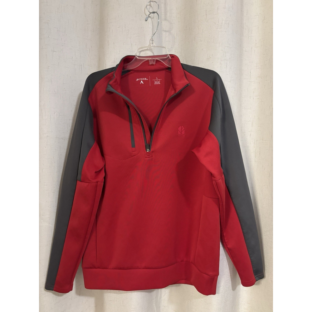 Antigua Men's Red Gray Colorblock 1/4 Zip Mock Neck Pullover Long Sleeve Size L